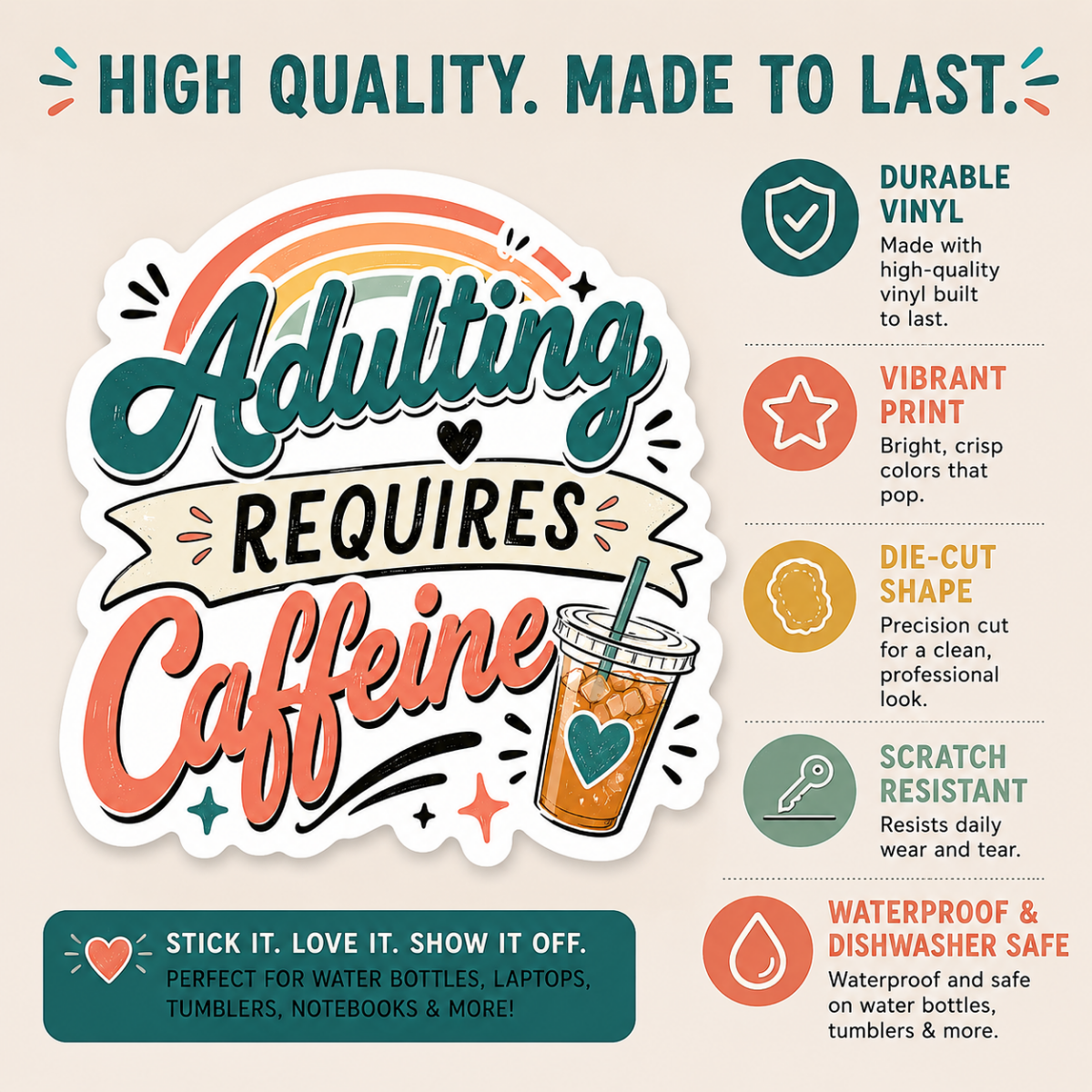 Adulting Requires Caffeine Sticker | Funny Loaded Tea Lover Vinyl Sticker