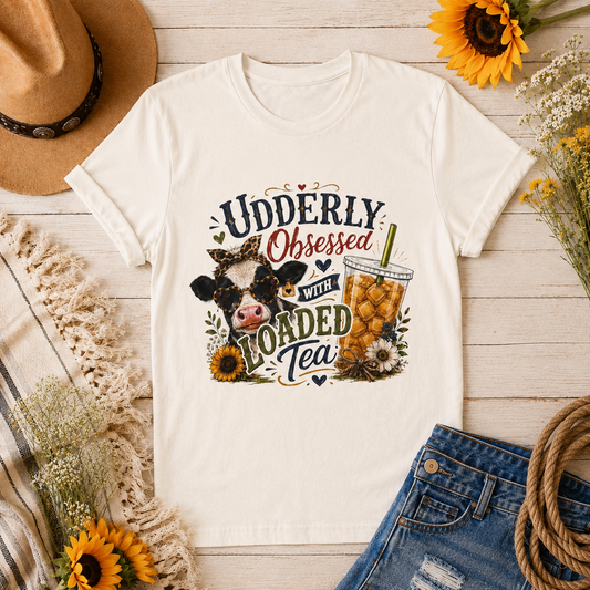 Udderly Obsessed With Loaded Tea T-Shirt | Cow Lover Tea Tee