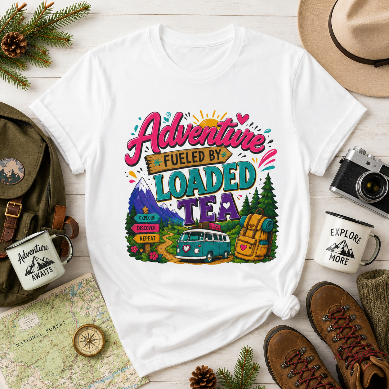 Adventure Fueled by Loaded Tea T-Shirt | Outdoor Tea Lover Tee