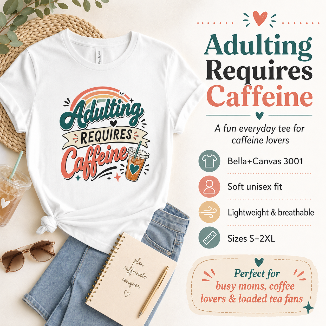 Adulting Requires Caffeine T-Shirt | Funny Caffeine Lover Tee