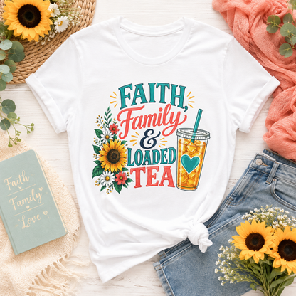 Faith, Family & Loaded Tea T-Shirt | Christian Loaded Tea Lover Tee