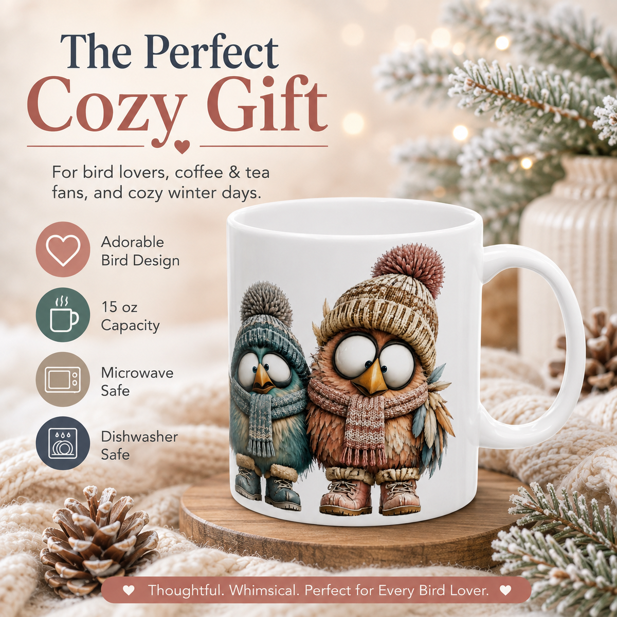 Winter Birds Mug | 15 oz Ceramic Bird Lover Mug